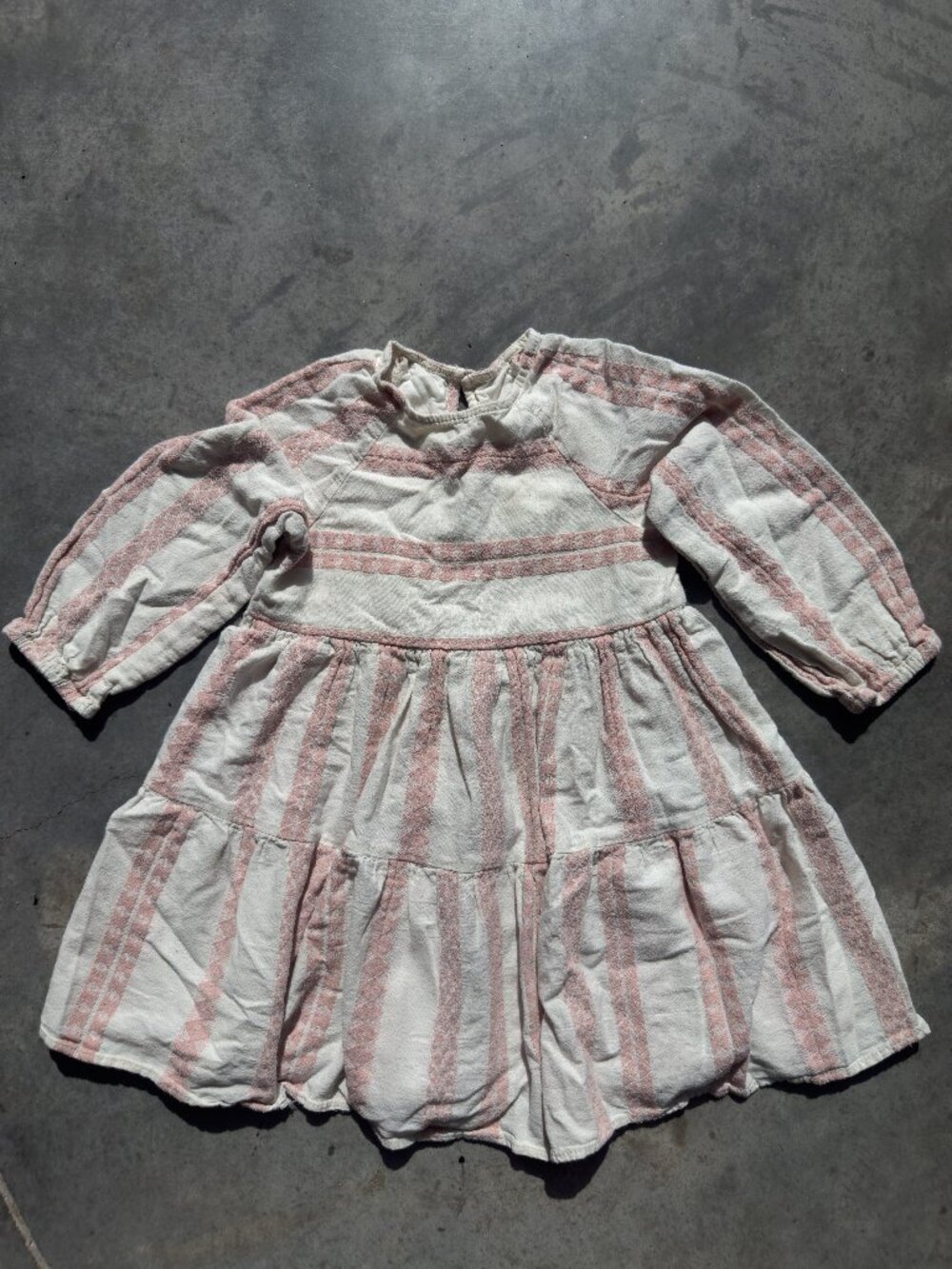 Zara Girls Pink + Cream Textured Striped Rustic Jacquard Dress - Kids Size 4-5